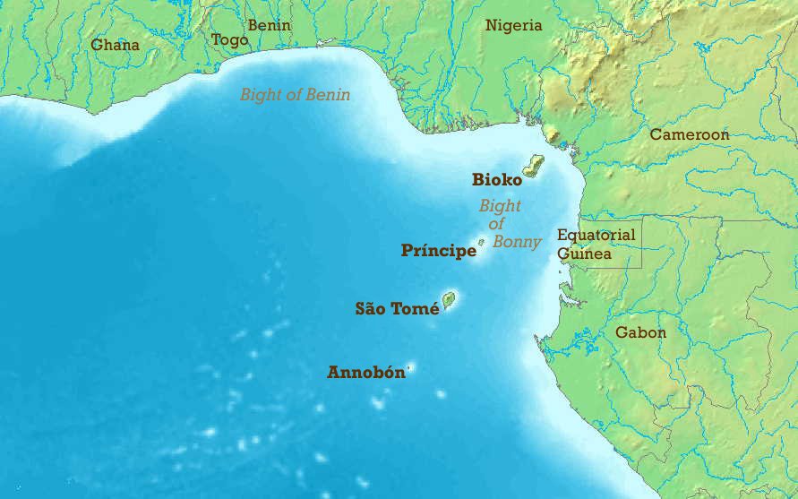 Gulf of Guinea. Fernando Po, now called Bioko, is the island nearest the mainland.