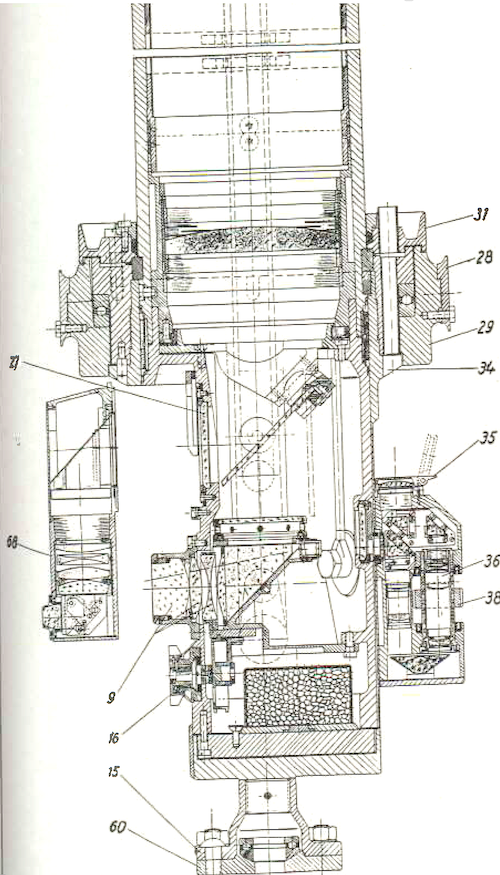 Side elevation sectioned view through the periscope taken from the manual. the eyepiece and its ground glass elements are numbered 9. The author used these drawings sized on a photocopier to build his 1:2 scale model periscope. 